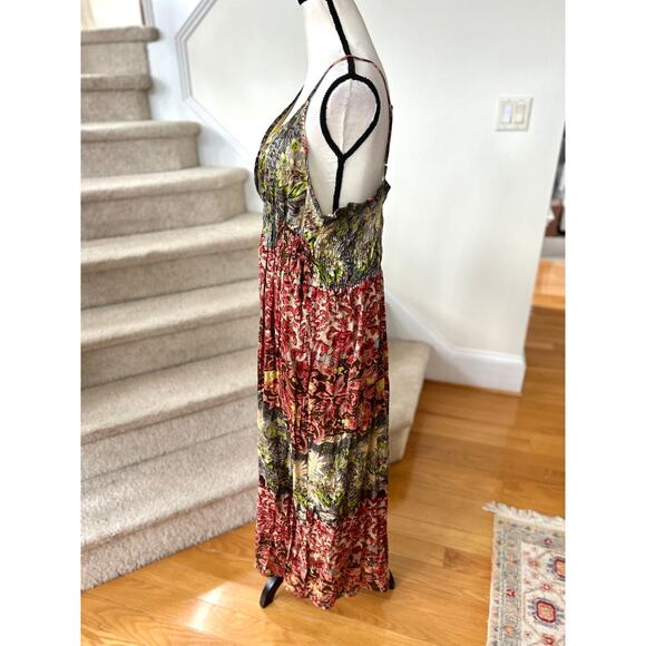 Vintage Boho Red, Yellow & Grey Paisley Floral Shirred Tiered Midi Dress - Picture 3 of 6